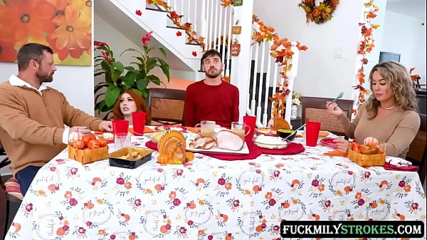 This Thanksgiving horny redhead stepsisters Arietta Adams and Cherry Fae fuck their stepbrother in the living room, while their stepdad fucks their stepmom in the dining room.