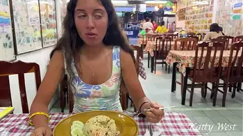 Katty eats lunch in an Asian cafe without panties and flashing pussy in public