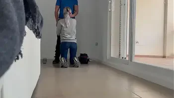 I call the young electrician to fix the plug and give him a blowjob and surprise fuck him without him knowing