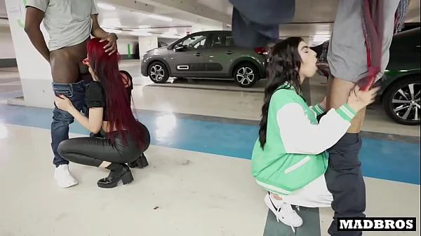 Two big ass Latina roommates fucked by two black guys in a public parking lot!!!