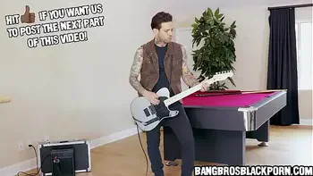 Ebony stepsister asks her stepbrother to stop playing guitar because she's masturbating - interracial porn