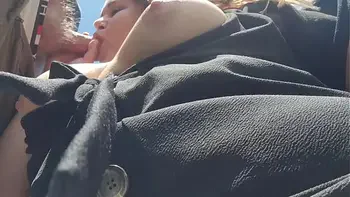 18 year old student with Big Bouncy Tits sucks a grown man in a field by his car