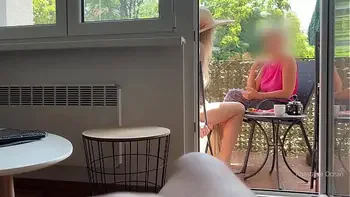 My husband is jerking off and cum in front of my stepmom a while we talk on balcony.
