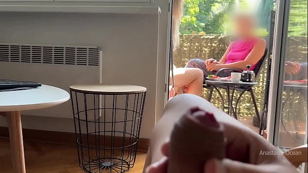 My husband is jerking off and cum in front of my stepmom a while we talk on balcony.
