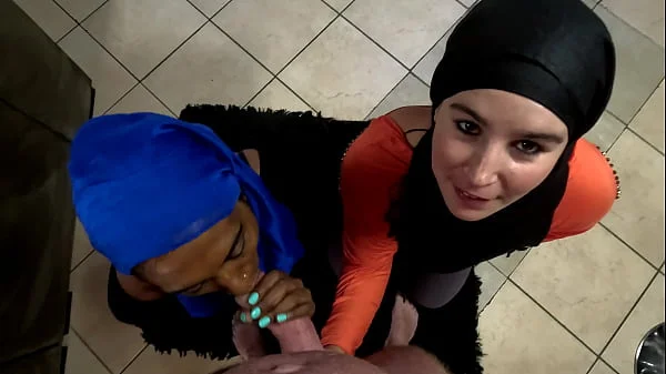 Acting like Muslim women, sucking cock with hijabs on our heads, cum facial