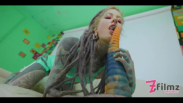 Extreme TATTOO dreadhead ANAL riding huge TOY