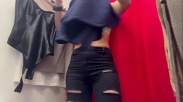 Dressing room. Hidden camera. Girl with big tits and big nipples