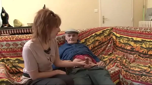 Trashy redhead has threesome with young and old man