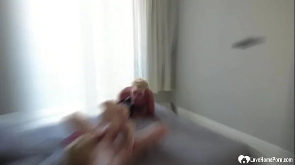 Blonde eats a toy while I fuck her