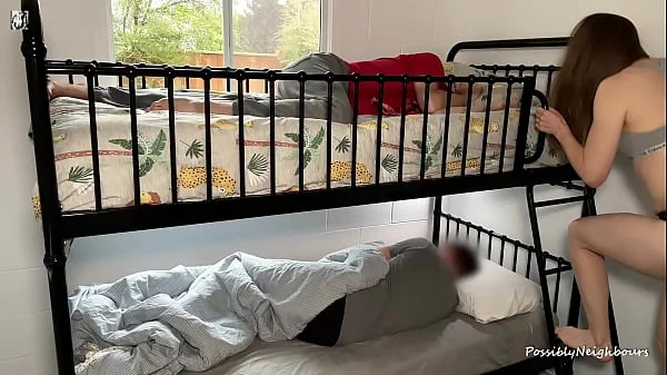 Dude Creampied Hot Cheating Babe In Hostel While Husband Takes A Nap Above Them