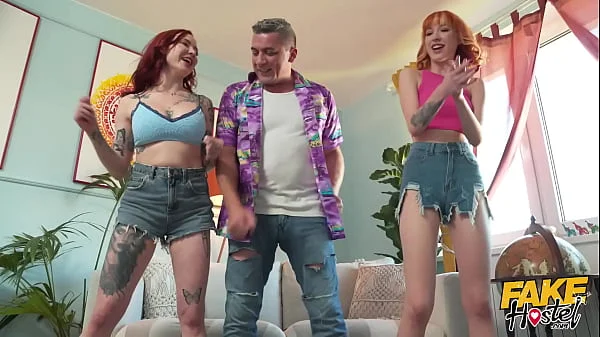 Fake Hostel - annoying Redhead Teens Play games before their tight pussies fucked in Threesome