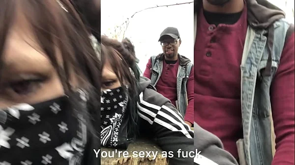 Emo slut gets fucked on tree stump in public