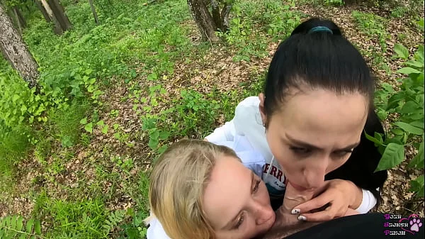 Amateur threesome blowjob outdoors