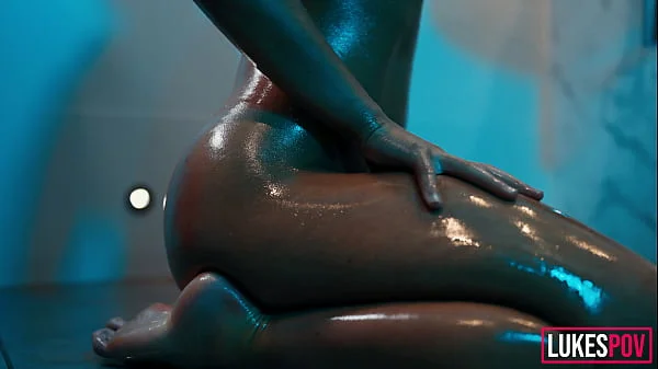 Big Boobs Fitness Model Oiled Up & Covered In Cum