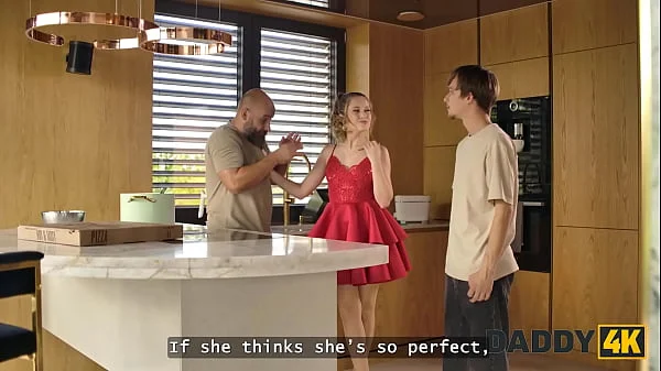 DADDY4K. Slutty GF is sucking a cock and then stripteasing for another in one room