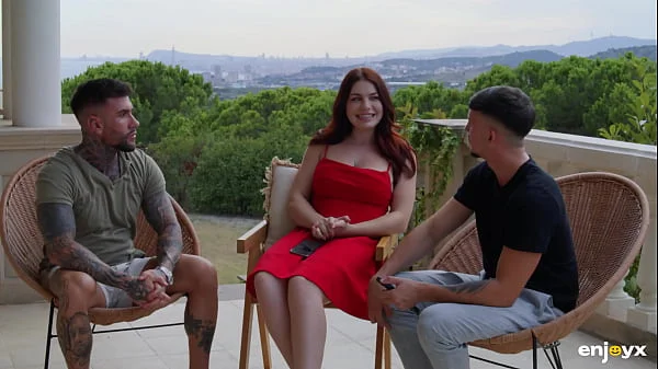 Curvy Redhead Babe in Lingerie Sucking and Fucking with Two Young Studs