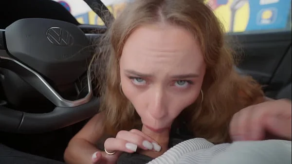 My hot stepmother sucks my cock in the supermarket car park while we wait for my step father