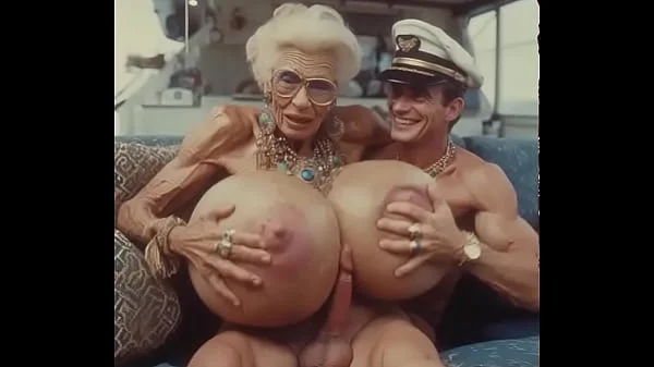 JAY7 Granny Boob Cruise 01 - AI VIDEO - A topless and horny granny with huge bolt-on tits gives a crazy titjob to the skipper