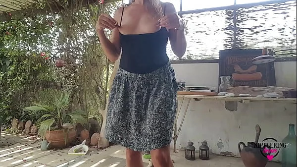 nippleringlover kinky mother outdoors no panties flashing pierced pussy in chains and extreme pierced nipples