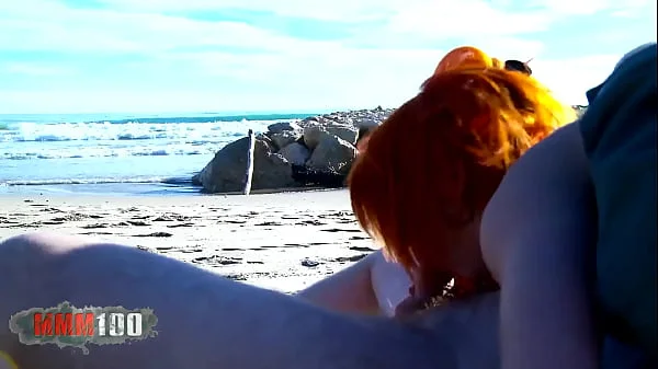 Cute french redhead slut fucked hard in the ass on a public beach