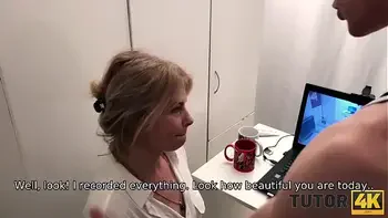 TUTOR4K. Man puts professor down on her knees for blowjob and fucks her