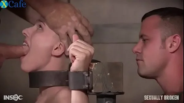 Restrained whore throatfucked and fucked hard by 2 men