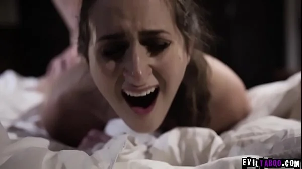 Charming teen dauther Ashley Adams is so kind to give her pussy and ass and double fucked by her horny boyfriend and evil stepdad.