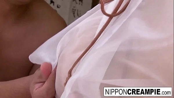 Japanese girl with huge cans takes on 4 cocks