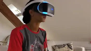 Isabel flashes her pussy and ass under her panties with a tshirt and she has a new game in her Playstation VR but she needs..