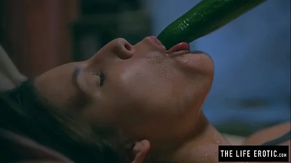 Puffy nippled beauty masturbates hard with honey and a cucumber