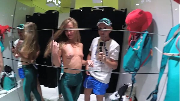 Real casual blowjob of an amateur couple in a fitting room. Sasha Bikeyeva