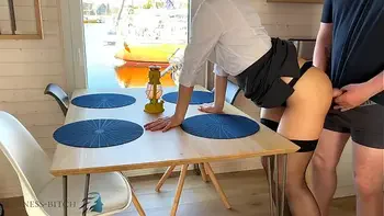 personal assistant lunch break quickie on a desk in yacht harbor with put back after creampie - business bitch