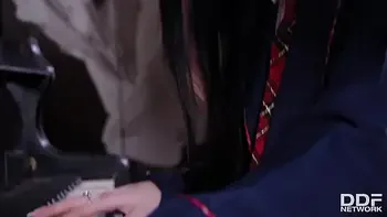 Hot teen Mia Evans goes down on tutor's big hard cock in outfit