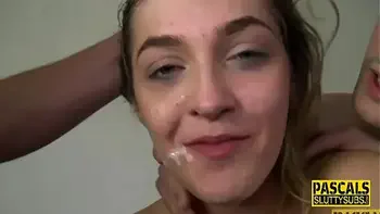 Teen in dominating threeway gets throat fuck