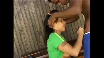 Lusty latina with round ass Monica Mattos slurps on huge black cock