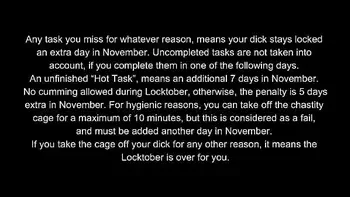 Locktober 2020 - The tasks that each proper chastity slave should perform that month of the year. You have to follow all the tasks consistently. You must not skip any task. Any task you miss for whatever reason, means your dick stays locked an extra day.