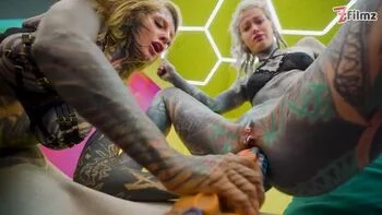 Tattooed Alt Girls Trinity Eclectic & Anuskatzz Lesbian Anal Fuck with Dildo and Spit Tongue