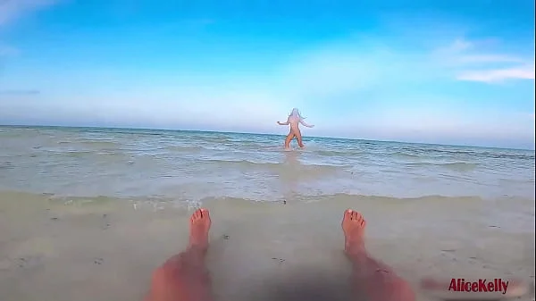 Nude Cutie Public Blowjob Big Dick and Swallows Cum on the Sea Beach