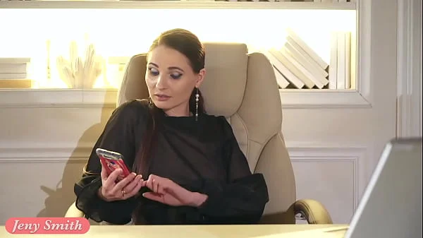 Your Chief: Jeny Smith plays the role of the boss. High heels, stockings and mini skirt.