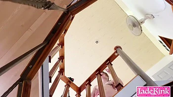 Amateur kinky couple risky fuck on top of the staircase