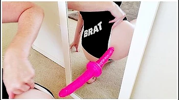 Naughty Teases Peeping Step Dad With Mirror Dildo Fucking