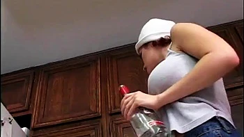 Redhead and blonde having hot kitchen fuck