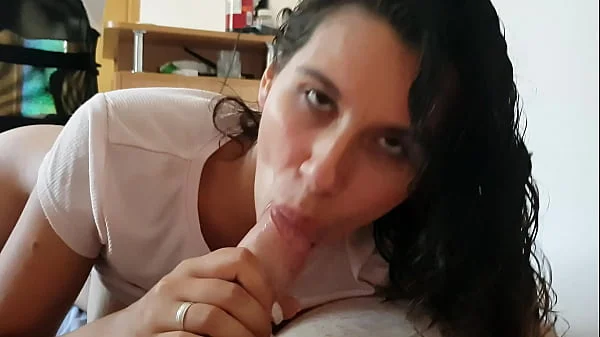 Sexy brunette sucks big cock deep and licks balls to cum hard in mouth