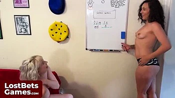 Lesbian Strip Game Night: Blonde & Brunette Teens Play Naughty Word Guessing & Get Undressed