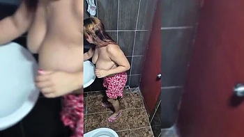 American babe hides in bathroom to record naked video with big natural tits in Miami house