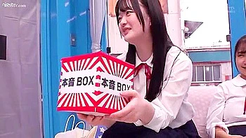 Three beautiful girls in uniform get excited when they see a man's penis and cum all over his hands.