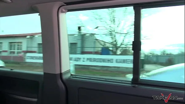 Short haired boosty blondie is clothed less in the countryside, she is taken in van for fuck and cum