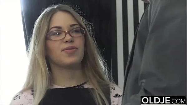 She sucks the old man cock and makes him cum in her young mouth