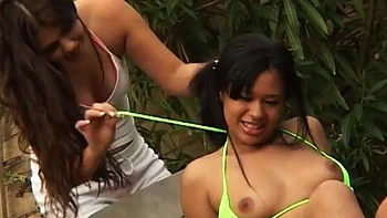 Pretty lesbo college girls lick pussy outdoors