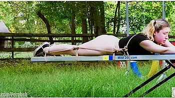 Cum-covered 19 Year-old Teen 18+ Bondage Slave Lexi Grey Crawls To The Seesaw For A Hard Caning